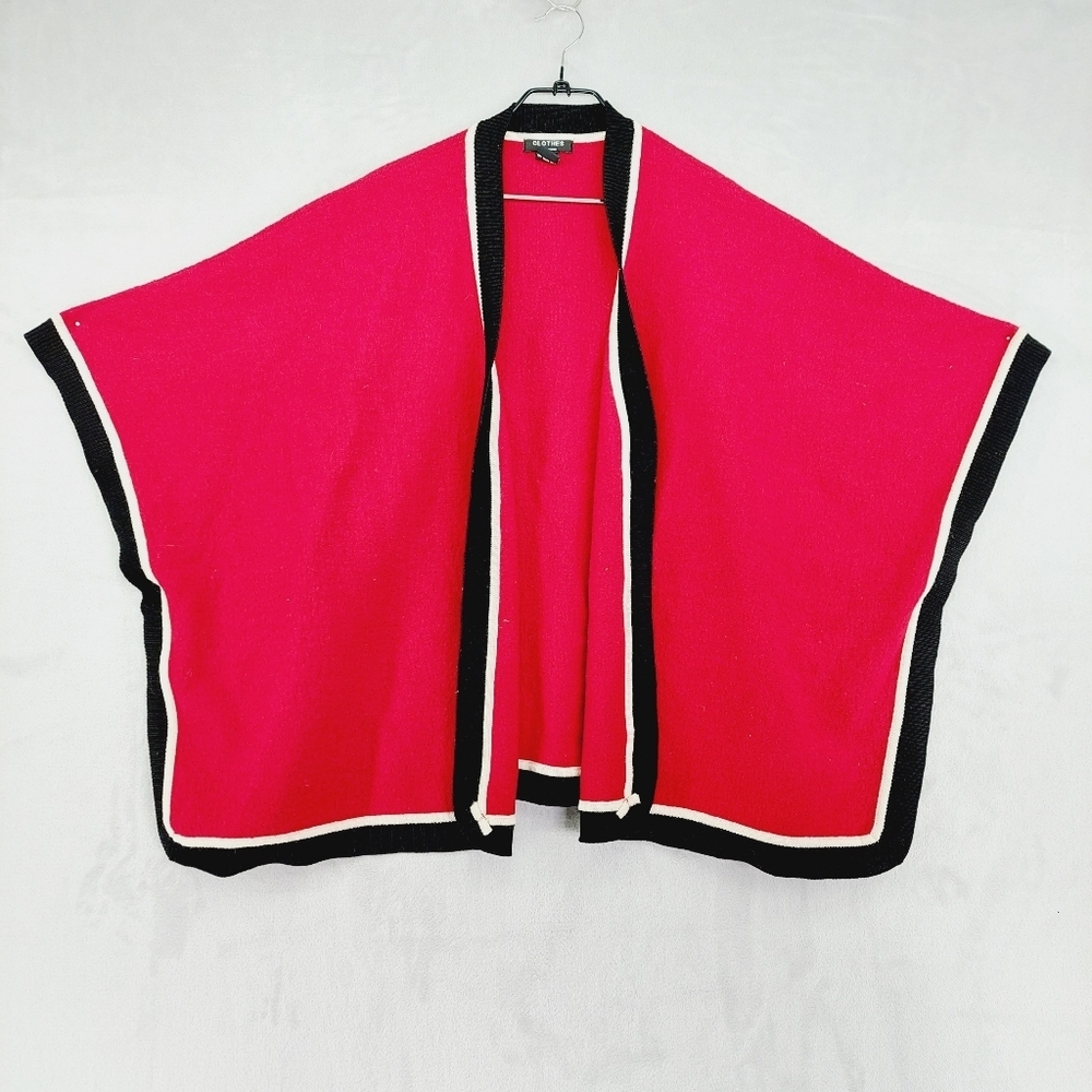 Clothes By Revue Vtg Boiled Wool Red with Black & White Trim Cape Poncho P6031